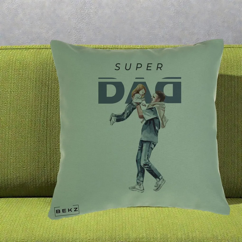 Cadou pentru Tata - Perna Personalizata Super DAD Tata si Fiica, 40x40 cm, Verde, Husa Detasabila, Perna Inclusa, BEKZ®
