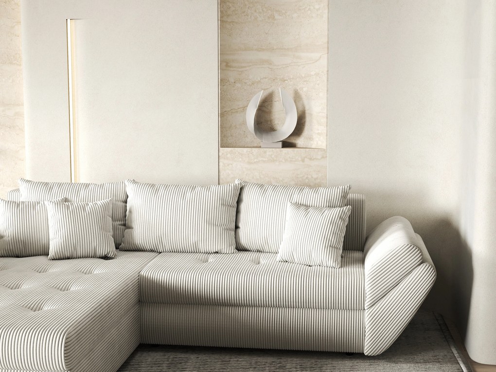 Colțar extensibil dumonde cu ladă de depozitare si sezut confortabil din spuma high-density, Loana Zoom Crem 270x185 cm