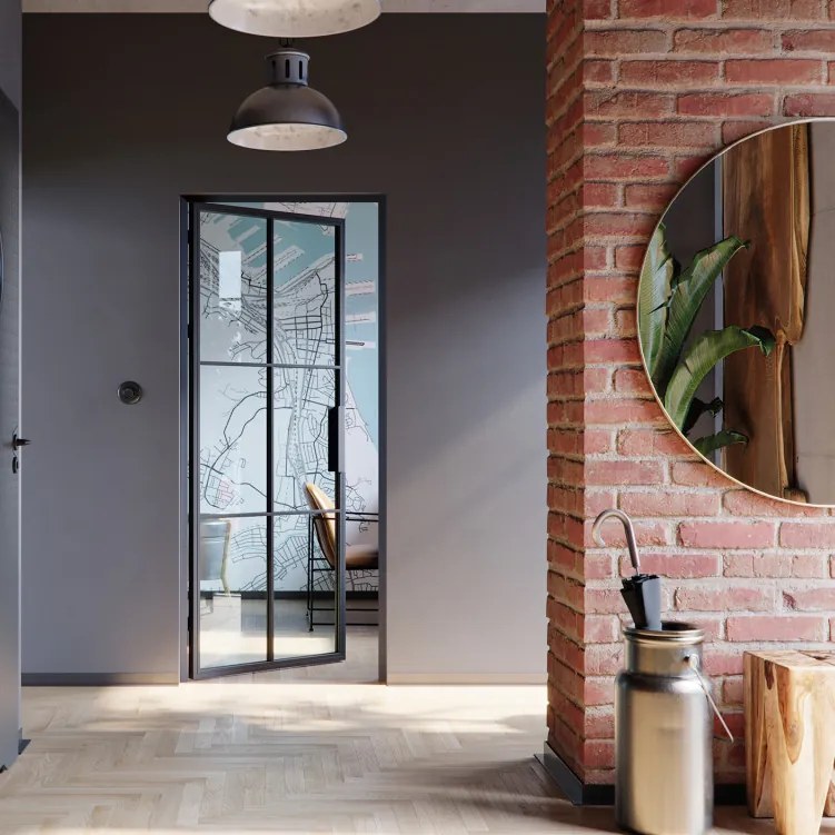 Usa de interior din sticla Porta Loft Steel cu rama neagra din otel Model 1, 974 x 2053, Negru