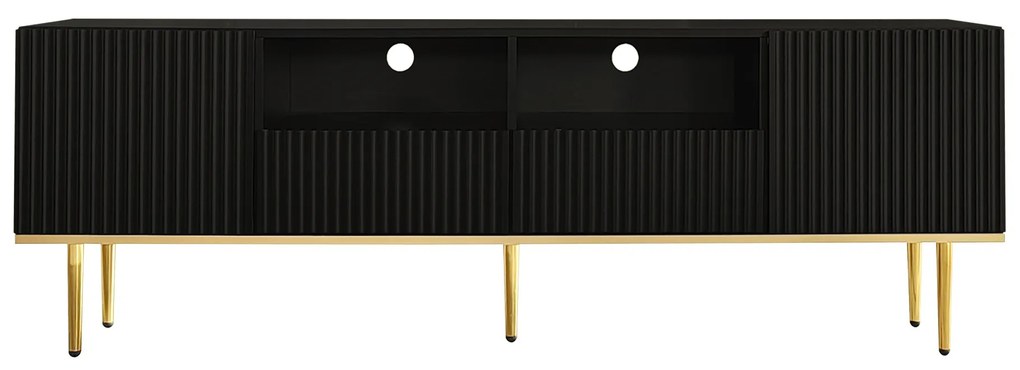 Mobilier TV Modern Modern cu Detalii Aurii, Două Rafturi și Două Sertare, din Lemn de Înaltă Calitate, 165x36x55 cm, Negru