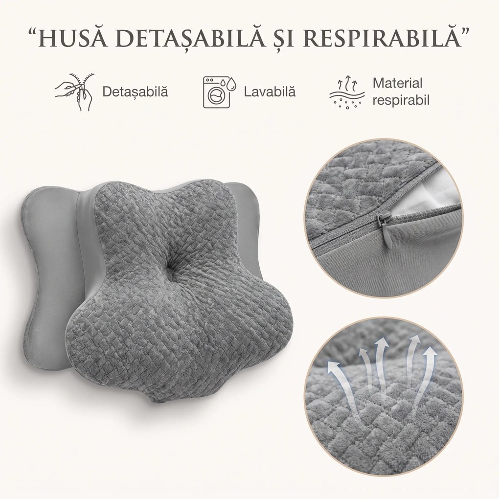 Perna cervicala ortopedica memory foam cu strat reglabil 2 cm, husa Tencel, Gri