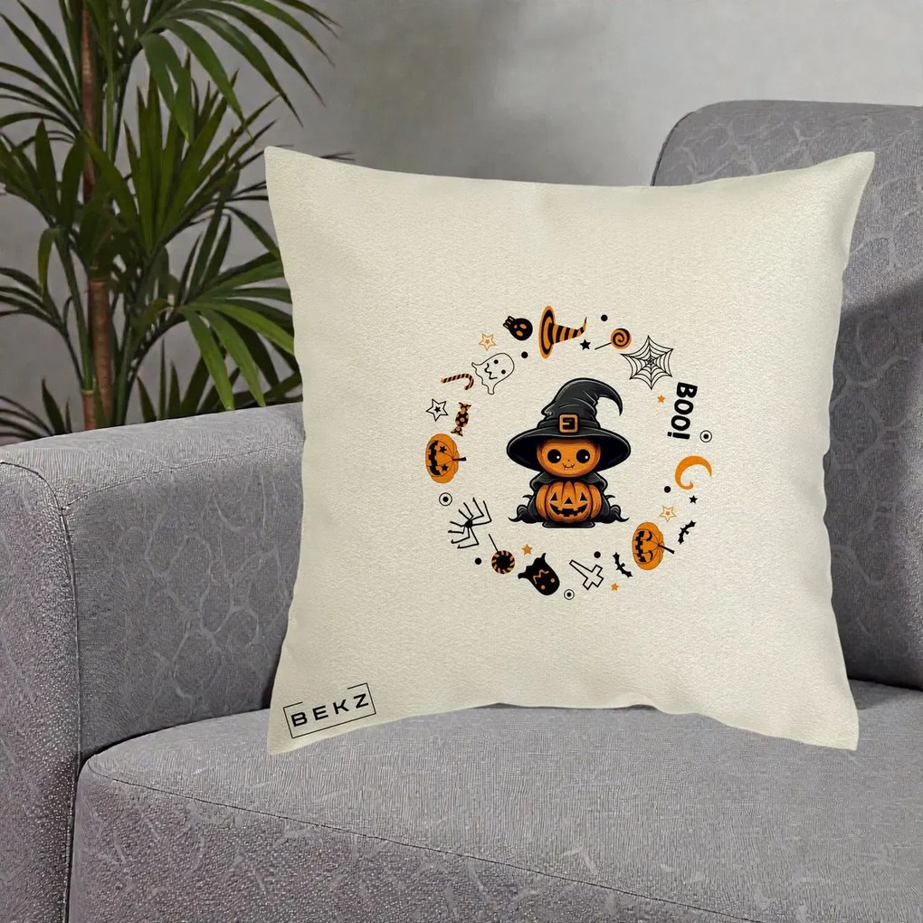 Perna Decorativa Halloween Dovleac Vrajitor Boo cu Simboluri, 40x40 cm, Ecru, Husa Detasabila, Perna Inclusa, BEKZ®