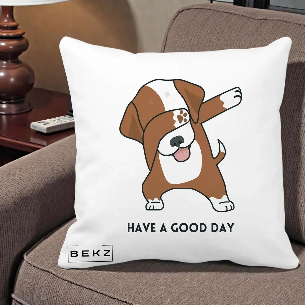 Perna Decorativa Caine Dab Have A Good Day, 40x40 cm, Alba Mata, Husa Detasabila, Perna Inclusa, BEKZ®