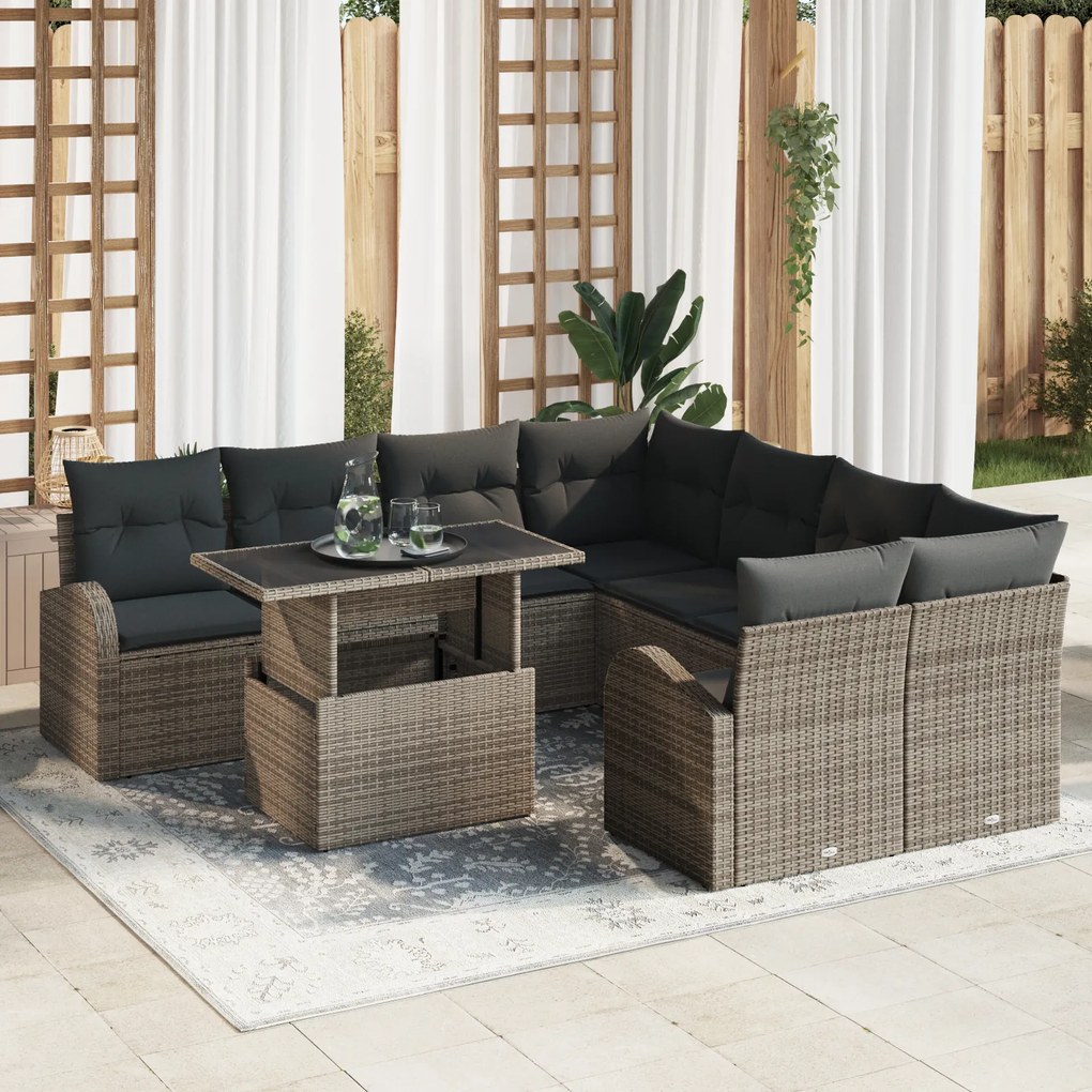 vidaXL Set de 9 canapele pentru grădină cu perne gri din ratan poli