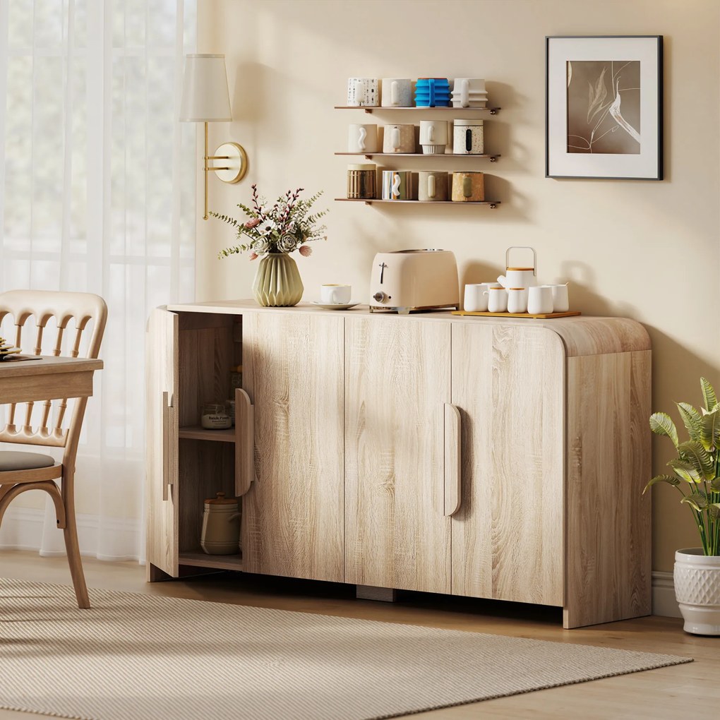 HOMCOM Comodă pentru Bucătărie, Mobilă cu Uși Soft-Close, Colțuri Rotunjite, Rafturi Reglabile, Stil Modern, Comodă pentru Living, Sufragerie, 157,4x39x82cm, Lemn Natural | Aosom Romania