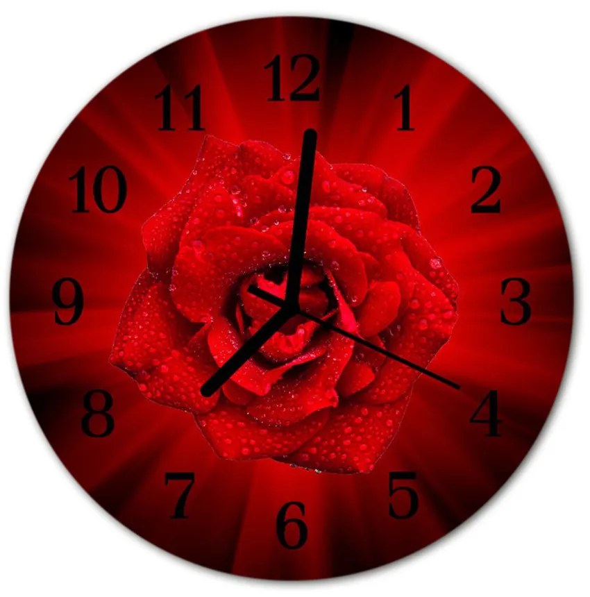 Ceas de perete din sticla rotund Rose Flori &amp; Plante Red