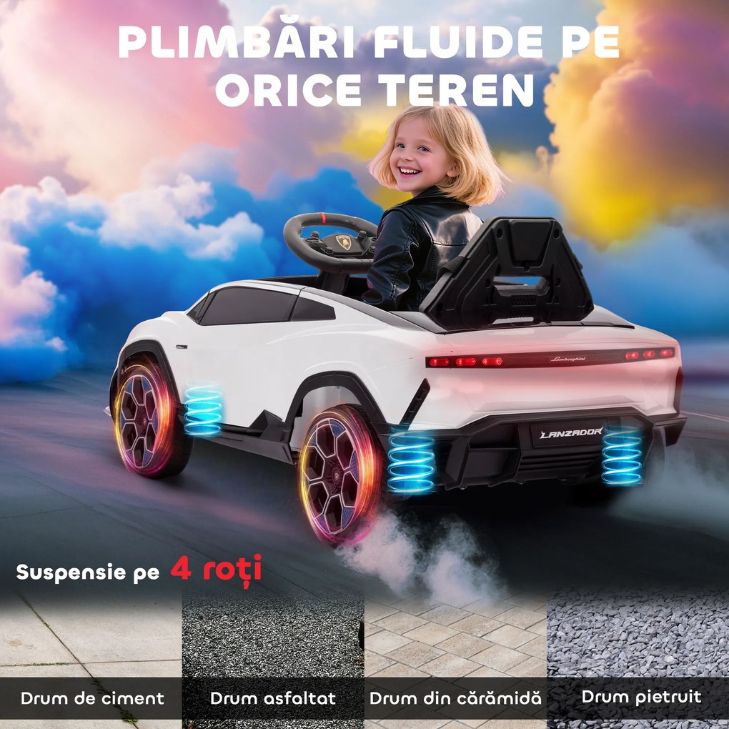 AIYAPLAY Mașină Electrică pentru Copii Licență Lamborghini cu Claxon și Telecomandă, 101.5x49x43 cm, Albă | Aosom Romania