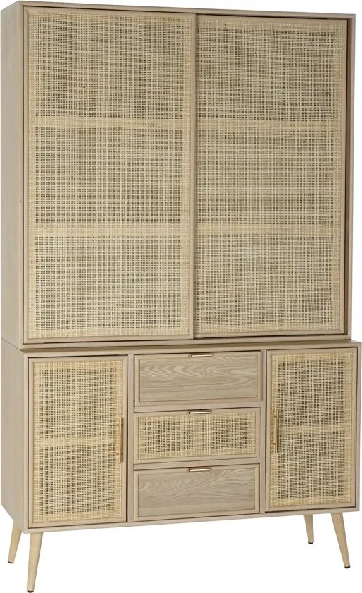 Vitrină din lemn de paulownia, natur, cu 4 uși, 3 sertare și 3 rafturi, panouri din ratan împletit, finisaj natural, 196 x 120 x 38,5 cm, „Sully”