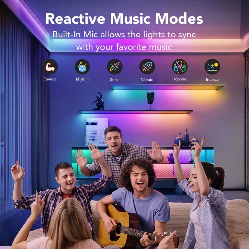 Smart LED banda Govee RGBIC H612ACD1, 24 W, 5 m, RGBICW, 120 LED-uri, Bluetooth, Wi-Fi, Matter, Alexa, Google Assistant, Negru