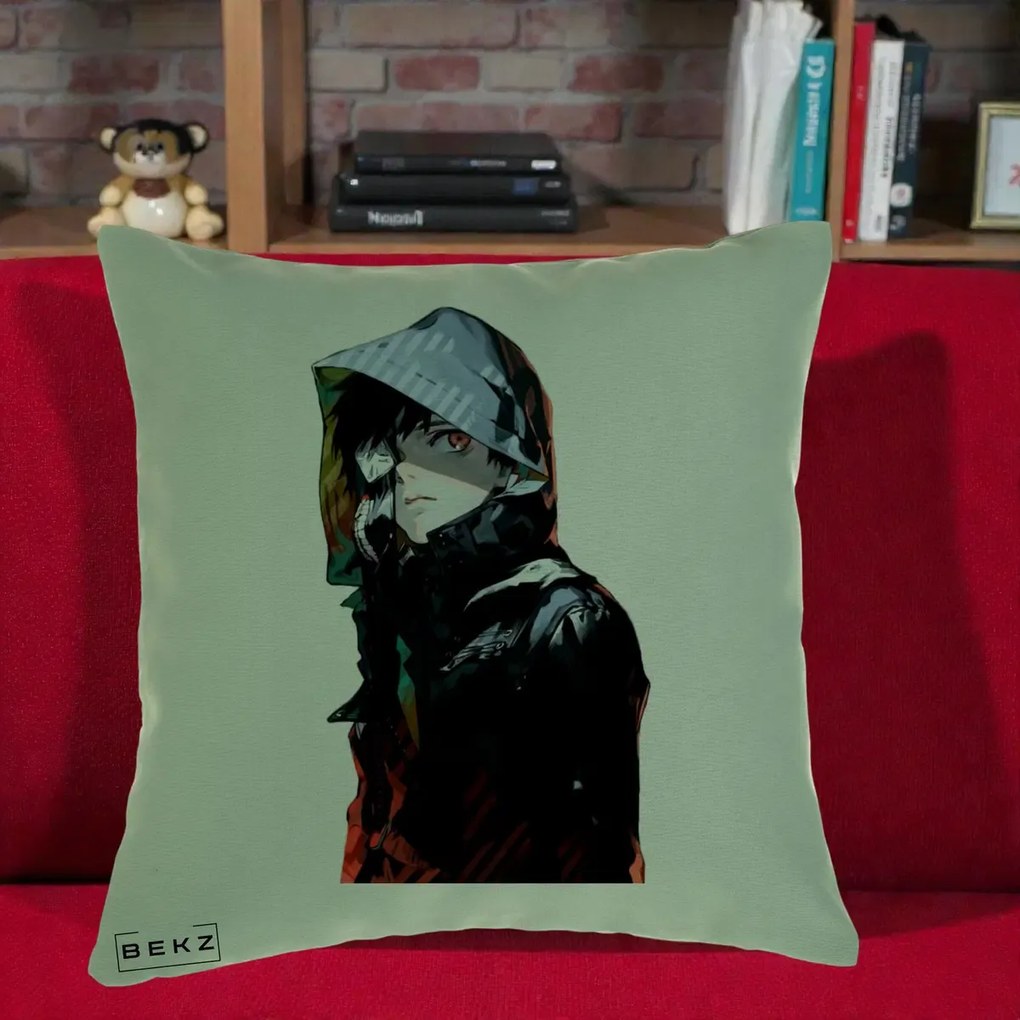 Perna Personalizata Tokyo Ghoul Ken Kaneki cu Masca si Gluga, 40x40 cm, Verde, Husa Detasabila, Perna Inclusa, BEKZ®