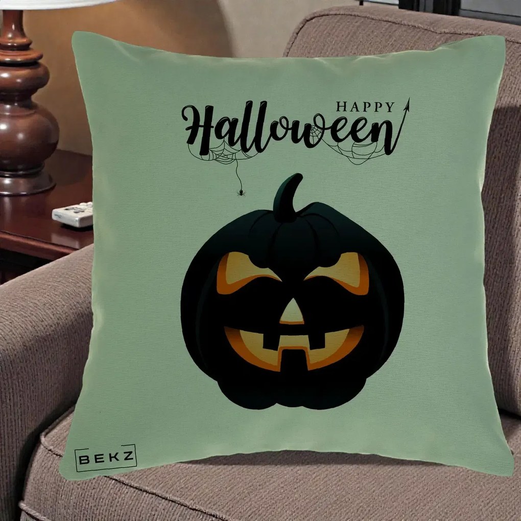Perna Decorativa Happy Halloween Dovleac Negru cu Paianjen, 40x40 cm, Verde, Husa Detasabila, Perna Inclusa, BEKZ®