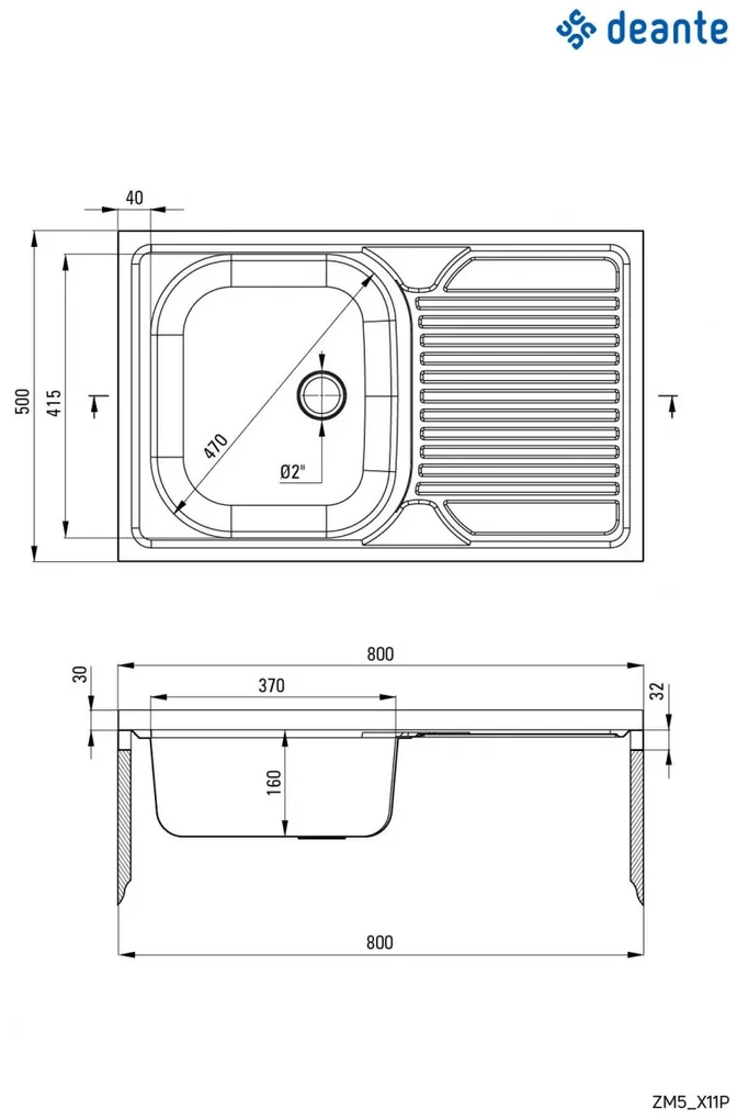 Chiuvetă din inox, 1-cuvă cu picurător, pe partea dreaptă - pe mască, Tango, ZM5_311P