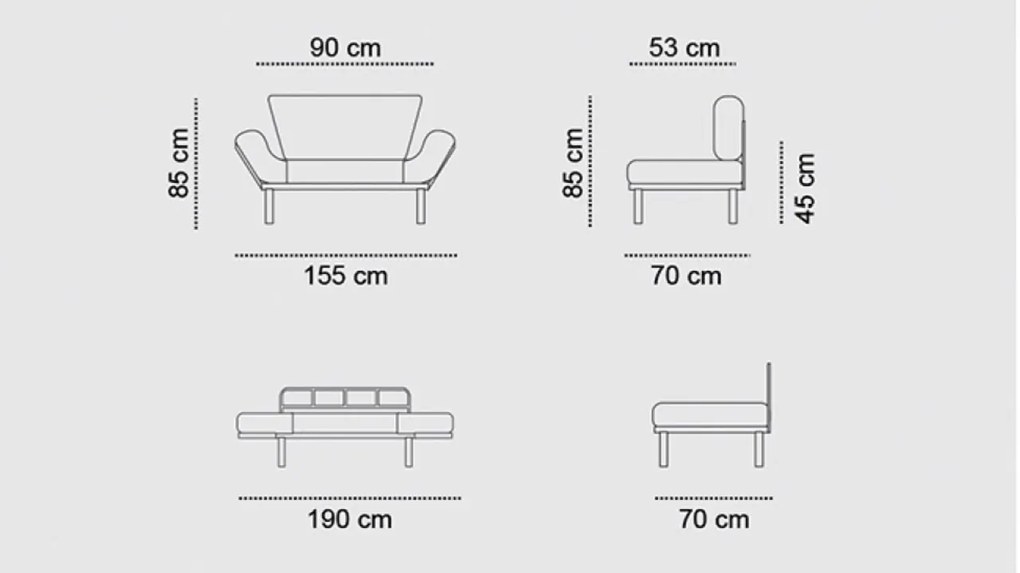 Canapea extensibilă cu 2 locuri, Futon, 859FTN1218, Metal, Gri