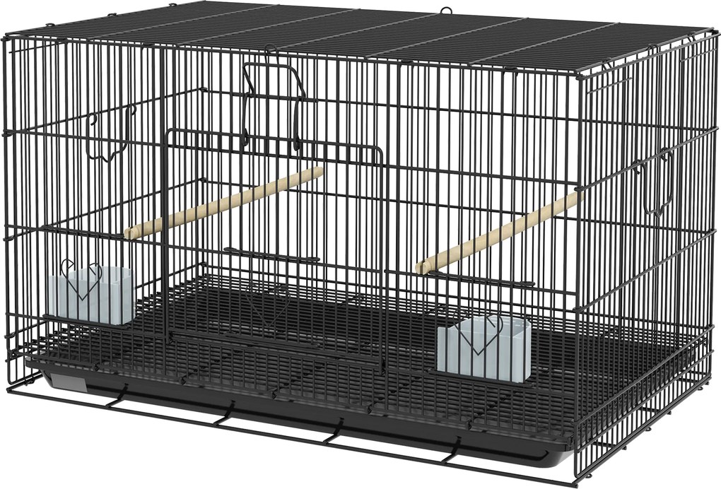 PawHut Colivie pentru Păsări 77x46x45 cm Colivie Metalică pentru Păsări cu Tavă Detașabilă 2 Bețe 2 Recipiente 2 Bețe Negru | Aosom Romania