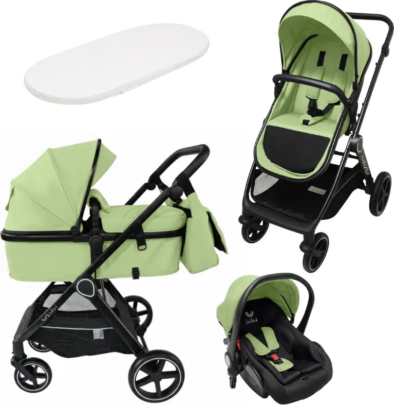 Carucior multifunctional transformabil 3 in 1 Kidizi Moveo verde, include scoica auto, saltea pentru landou si geanta pentru accesorii, cadru negru