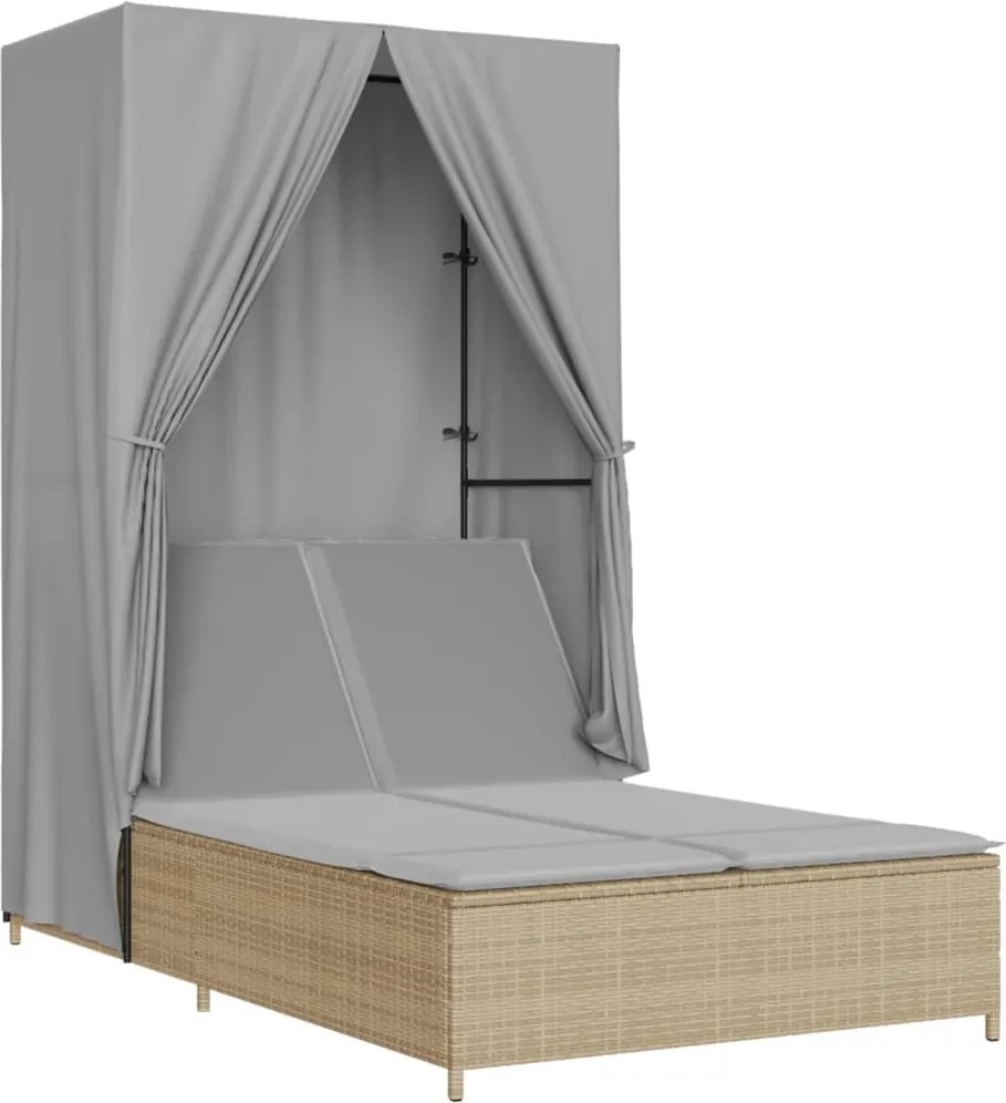 vidaXL Șezlong de plajă dublu cu acoperiș și perdele, bej, poliratan