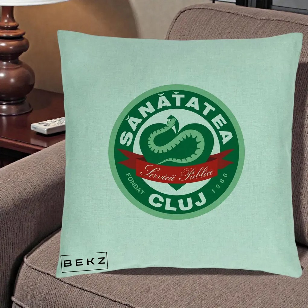 Perna Personalizata Sanatatea Cluj Servicii Publice 1986, 40x40 cm, Verde Menta, Husa Detasabila, Perna Inclusa, BEKZ®