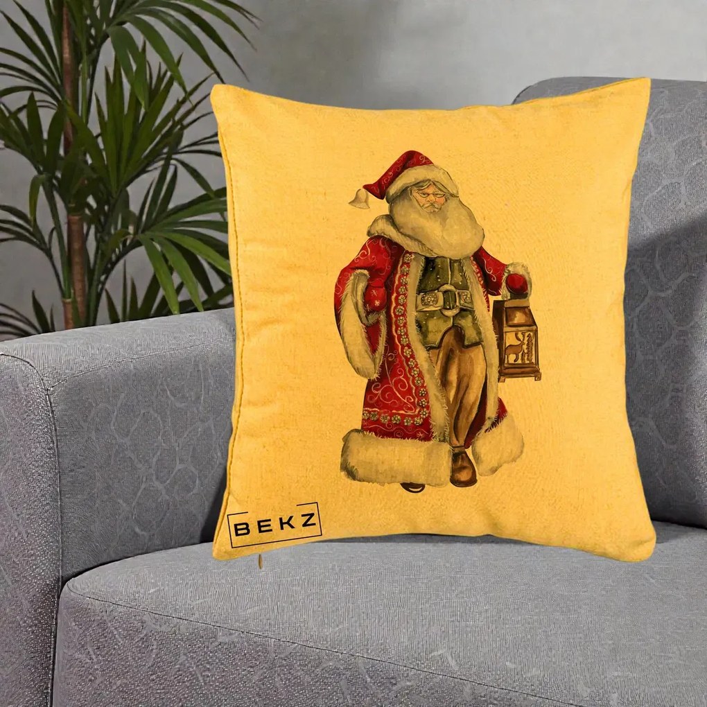 Perna Decorativa Mos Craciun Vintage cu Felinar, 40x40 cm, Galben, Husa Detasabila, Perna Inclusa, BEKZ®