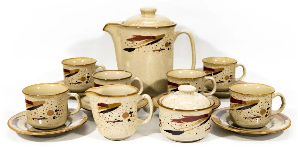 Set ceramică 6x cană cu farfurioară, 1x ulcior cu capac, 1x zaharniță și 1x latieră