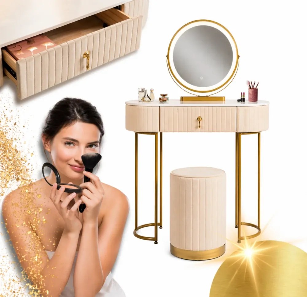 Set SARAH, Masă de toaletă pentru machiaj cu oglindă iluminată LED, control touch, sertar, taburet, 80x40x76 cm, Bej/Auriu