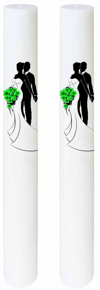 Set 2 Lumanari Nunta Mire si Mireasa cu buchet verde 7 cm, 50 cm
