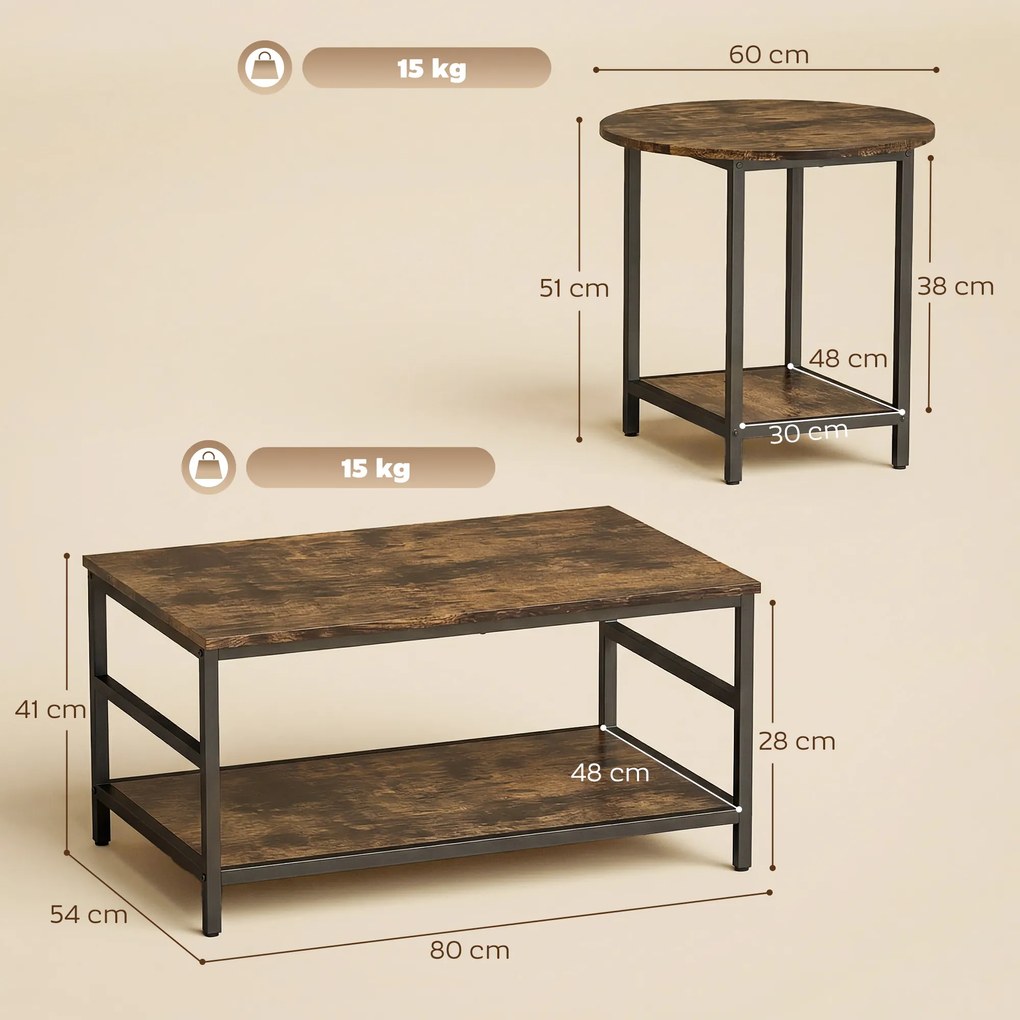 HOMCOM Set mese de cafea, 2 piese, masă dreptunghiulară și rotundă cu depozitare în 2 nivele, maro rustic | Aosom Romania