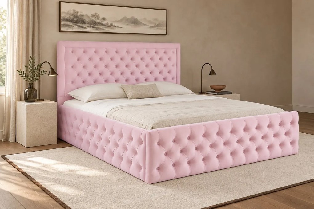 Pat tapițat Chesterfield din catifea Ophelia Deluxe 180×200 cm, roz, cu ladă de depozitare