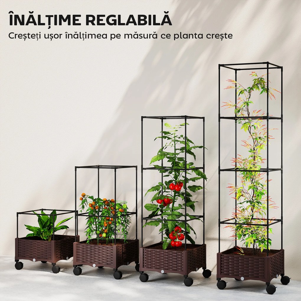 Outsunny Jardinieră Înălțată cu Spalier 20L, Pat de Grădină Înălțat pentru Exterior cu Roți Blocabile, Sistem de Autoirigare, Orificii de Drenaj pentru Plante Cățărătoare, Legume și Flori, Maro | Aosom Romania