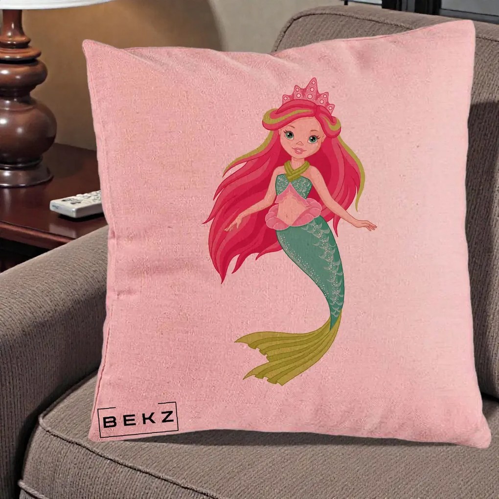 Perna Decorativa Sirena Roz cu Coroana, 40x40 cm, Roz, Husa Detasabila, Perna Inclusa, BEKZ®