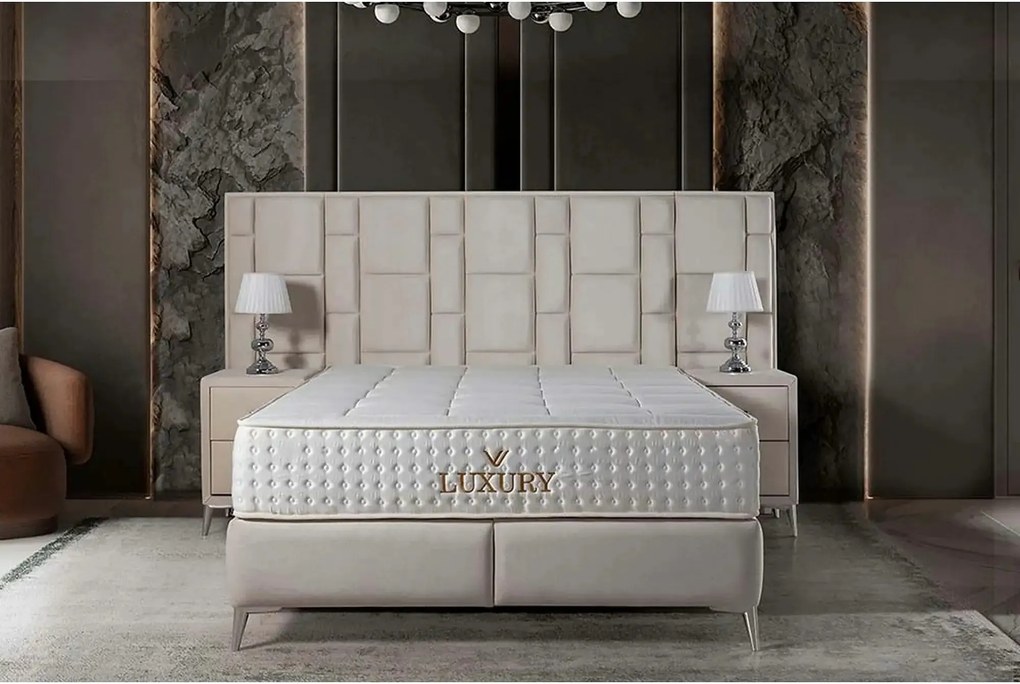 Pat LUXURY 160x200, stofa catifelata crem - Luna 21, cu somiera si spa