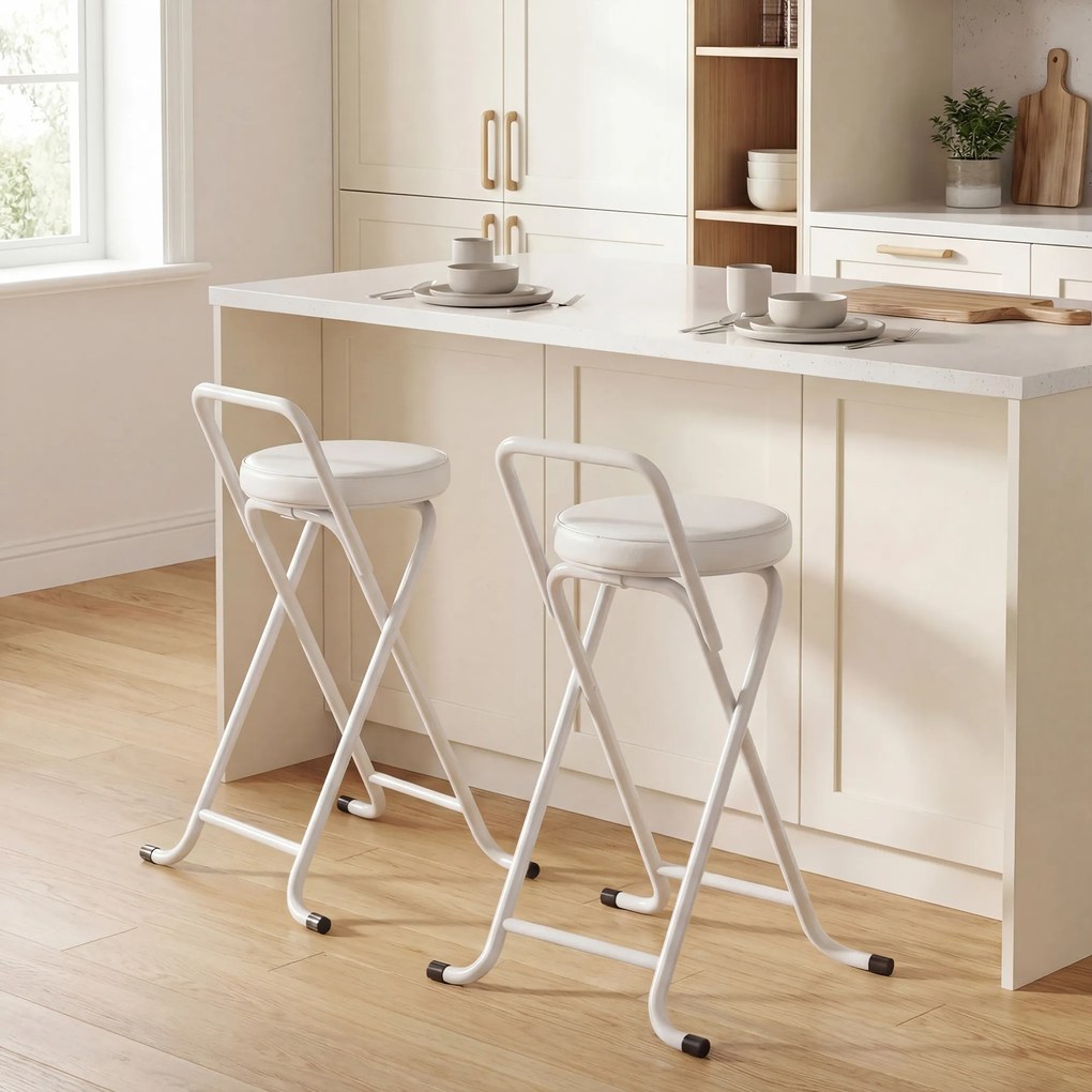 HOMCOM Taburete de Bar Pliabile Set de 2, Fără Montaj, Scaune de Bar, Șezut Căptușit 63 cm, Cadru din Oțel, Alb | Aosom Romania