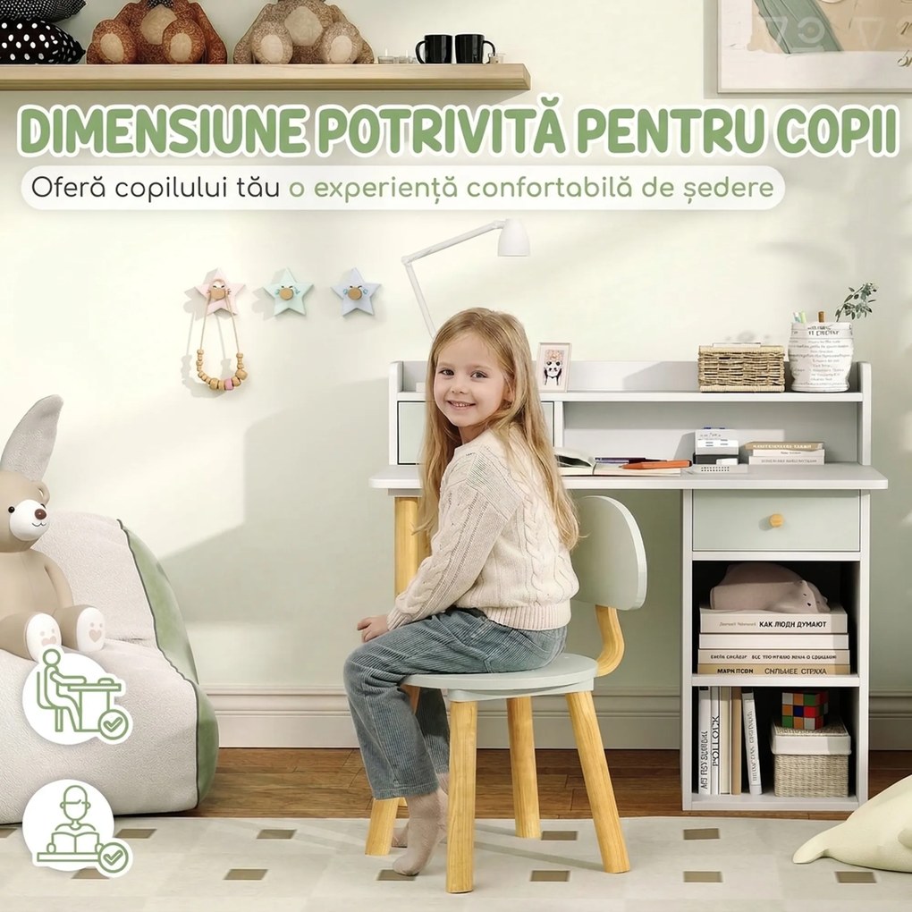 AIYAPLAY Set birou și scaun pentru copii cu 2 sertare și rafturi, din lemn, pentru cameră copii, birou, grădiniță, verde | Aosom Romania