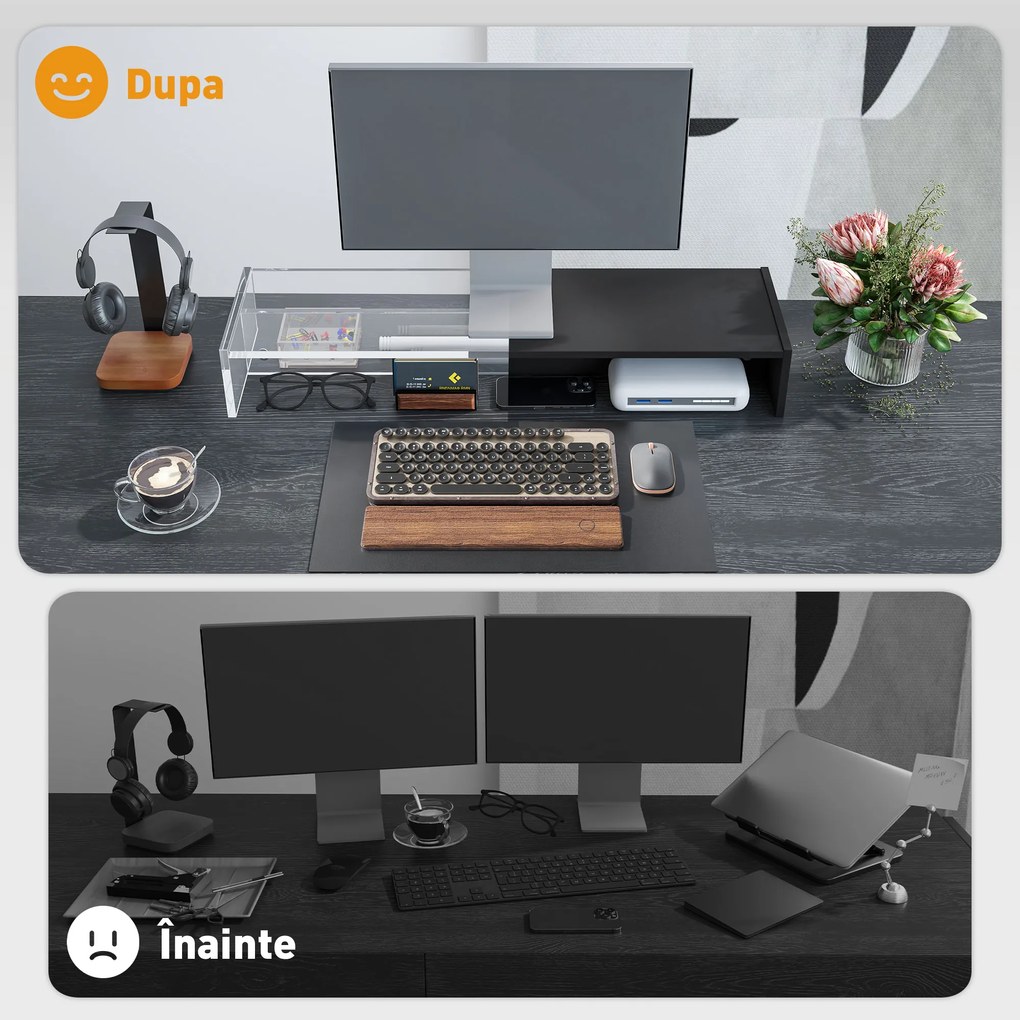 HOMCOM Suport Monitor PC până la 16 kg cu 2 Compartimente de Depozitare, 100x27x15 cm, Negru | Aosom Romania