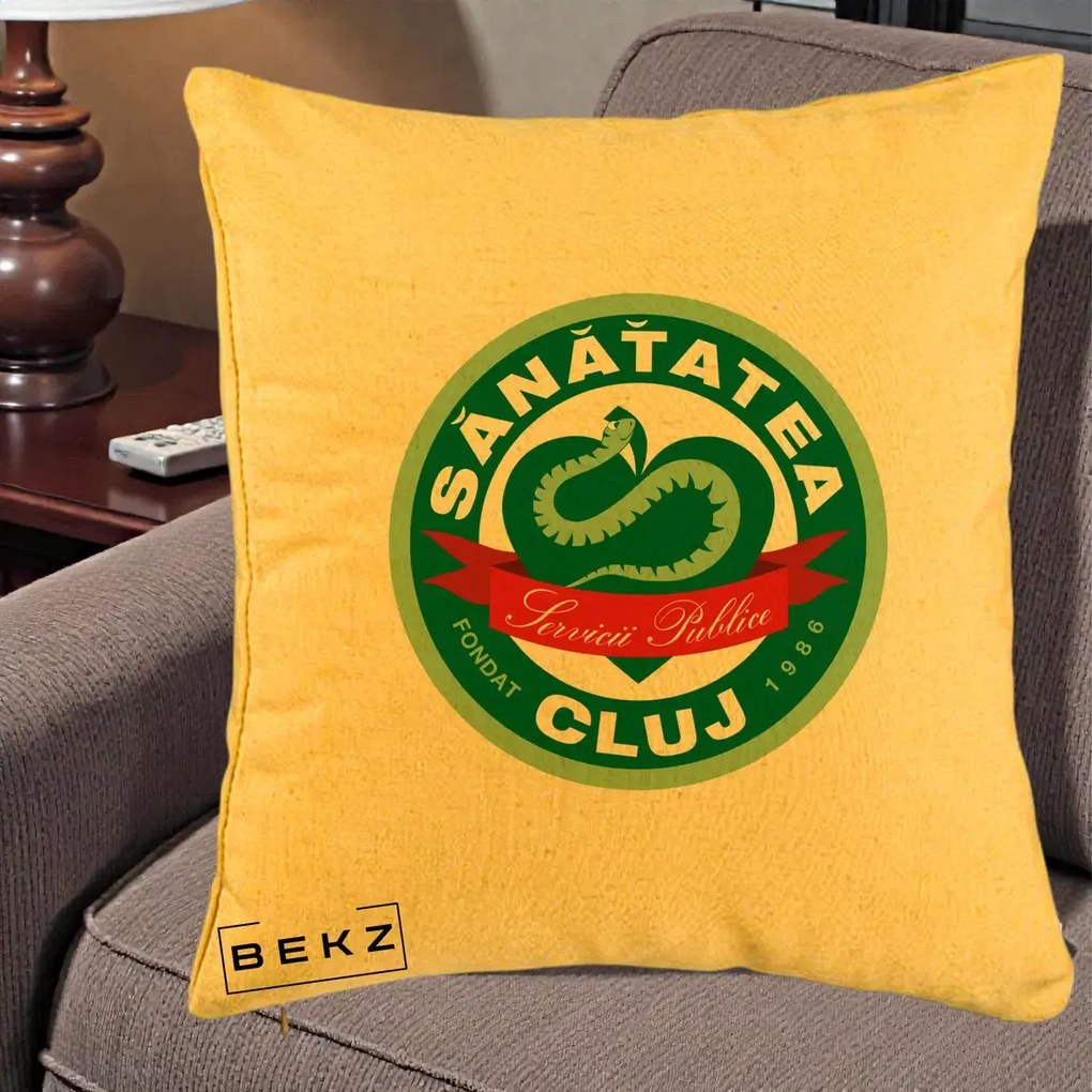 Perna Personalizata Sanatatea Cluj Servicii Publice 1986, 40x40 cm, Galben, Husa Detasabila, Perna Inclusa, BEKZ®