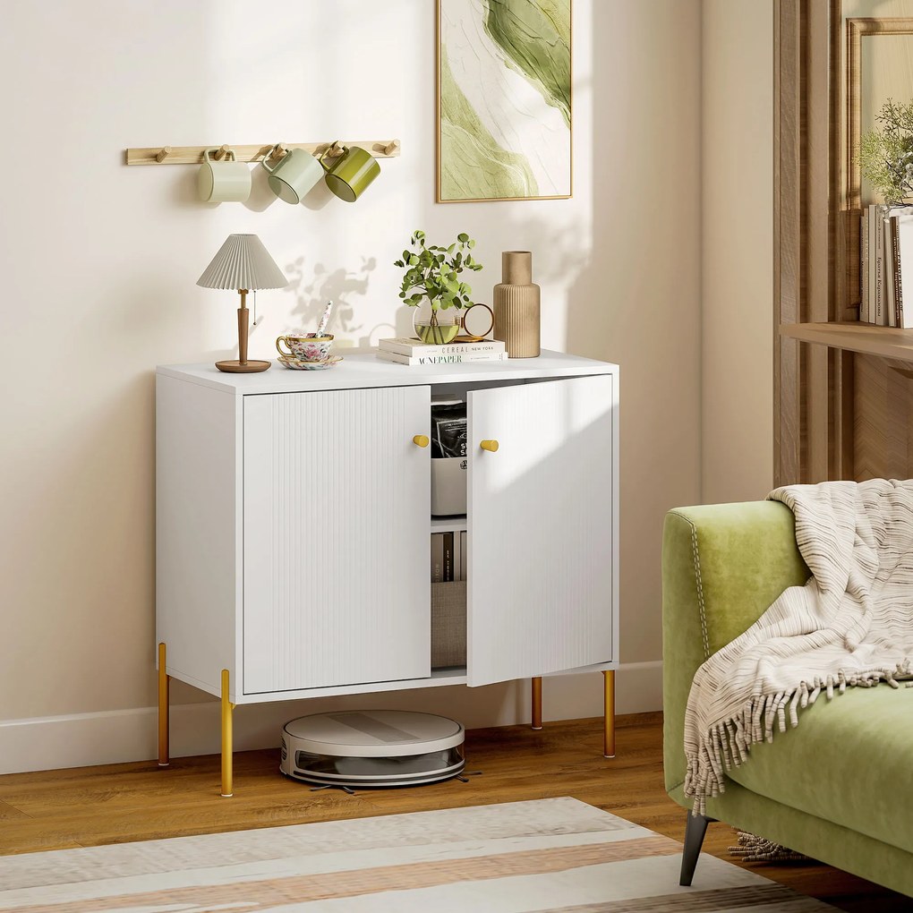 HOMCOM Bufet pentru living, mobilier de depozitare cu uși canelate duble, poliță reglabilă, picioare din oțel, 80 x 39,1 x 76 cm, alb | Aosom Romania