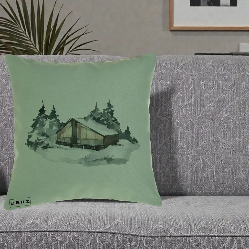Perna Decorativa Cabana de Iarna in Padure, 40x40 cm, Verde, Husa Detasabila, Perna Inclusa, BEKZ®