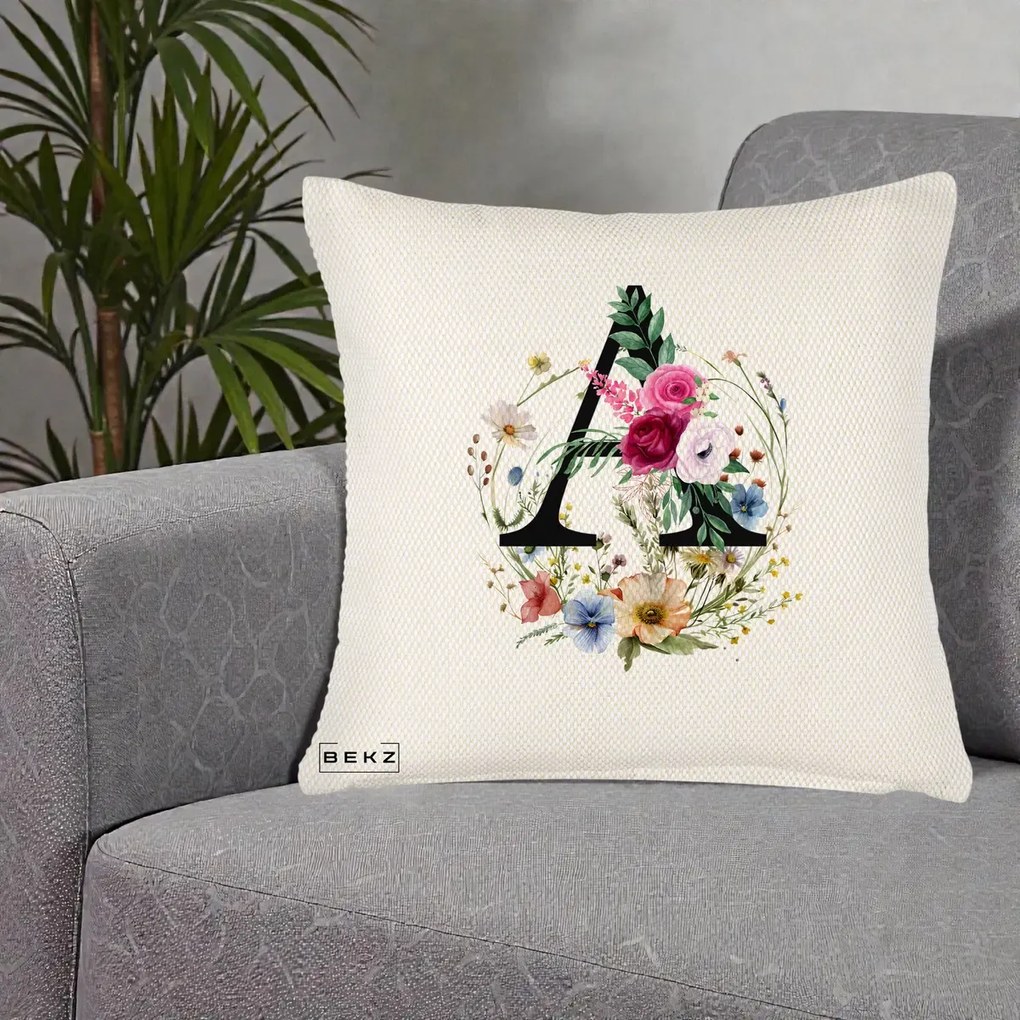 Cadou Personalizat - Perna Personalizata Monogram Litera A cu Flori Acuarela, 40x40 cm, Crem Reliefat, Husa Detasabila, Perna Inclusa, BEKZ®