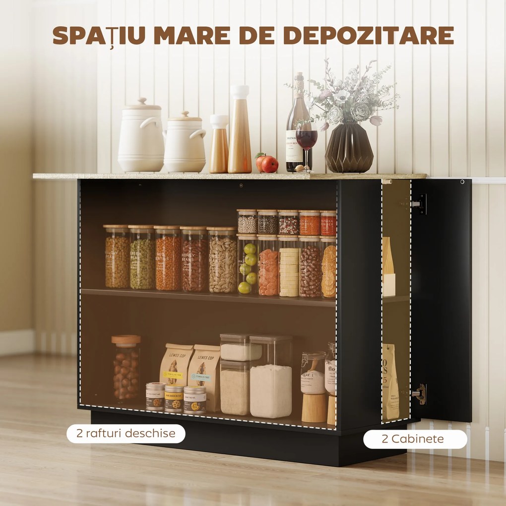 HOMCOM Insulă de Bucătărie cu Bar, Cărucior de Bucătărie cu 2 Compartimente Deschise și 2 Dulapuri, 105x60x82 cm, Negru | Aosom Romania