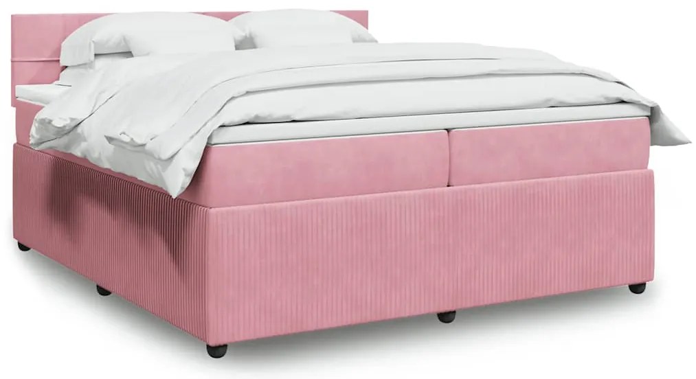 vidaXL Pat box spring cu saltea, roz, 200x200 cm, catifea