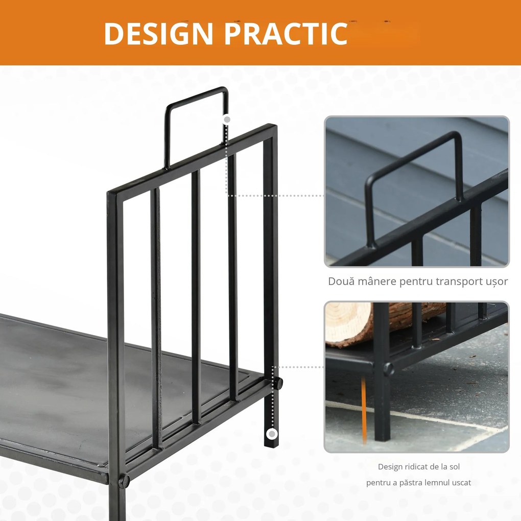 Outsunny Suport pentru Lemne pentru Interior și Exterior cu 2 Mânere, 44,5x33x46,5 cm, Negru | Aosom Romania