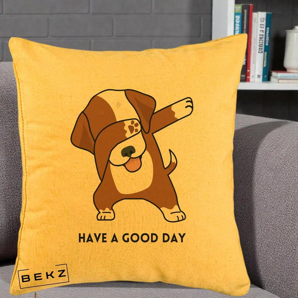 Perna Decorativa Caine Dab Have A Good Day, 40x40 cm, Galben, Husa Detasabila, Perna Inclusa, BEKZ®
