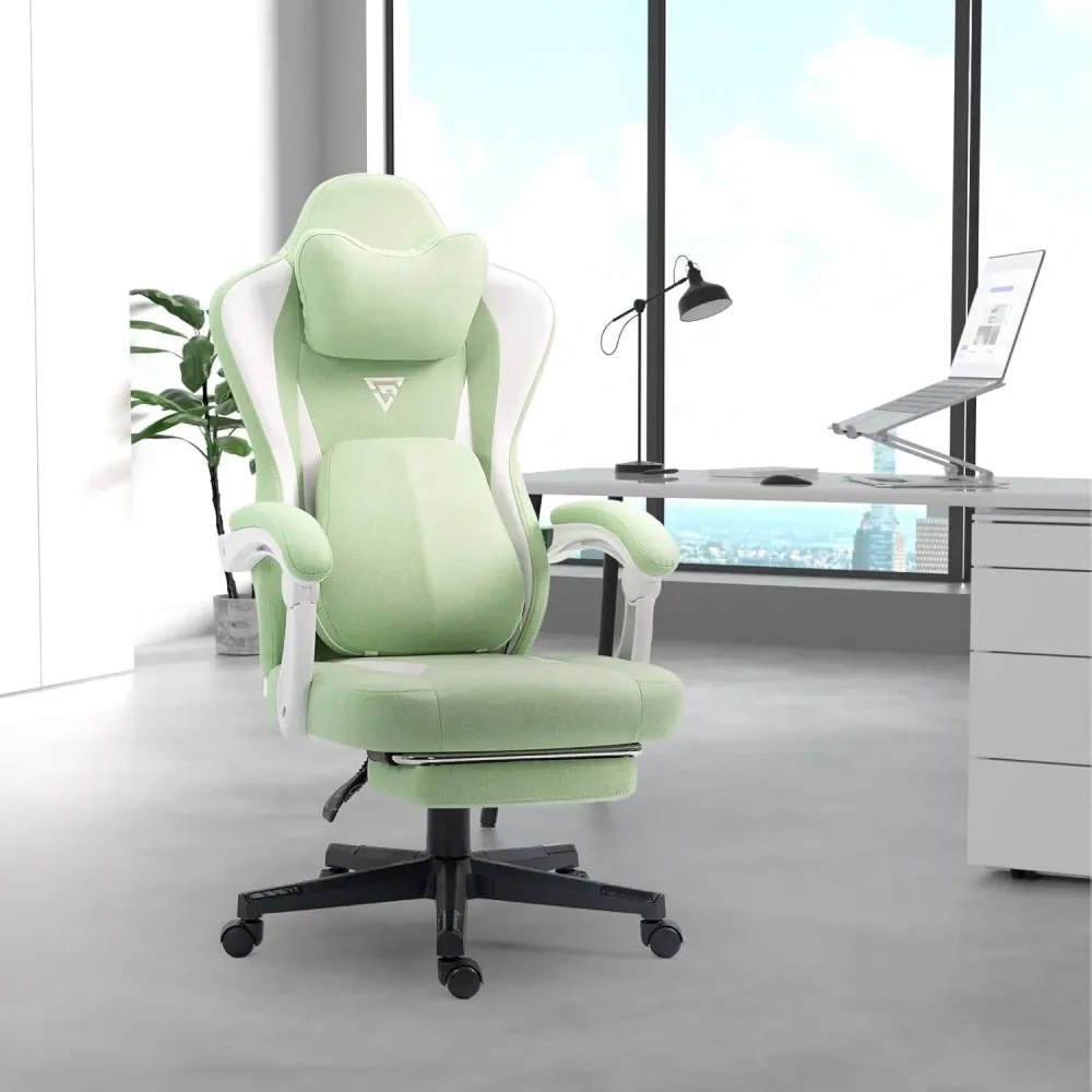 ErgoRelax Pro JD– Scaun Gaming Ergonomic, Masaj Lombar si Incalzire, Spătar Rabatabil 155°, Suport picioare, Material textil, Verde/Alb