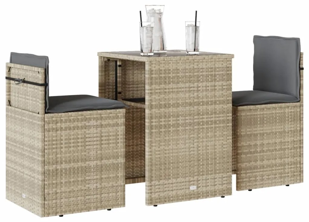 vidaXL Set bistro cu perne, 3 piese, gri deschis, poliratan
