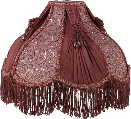 Abajur victorian din tafta, șifon și catifea, roșu, cu broderie cu mărgele, ciucuri și franjuri, 20 x 35 cm, „Pourpre”