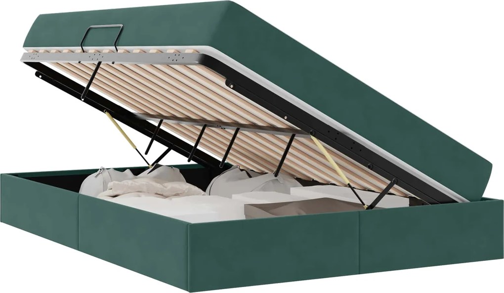 vidaXL Pat cu saltea și spațiu de depozitare Verde închis 140 x 190 cm