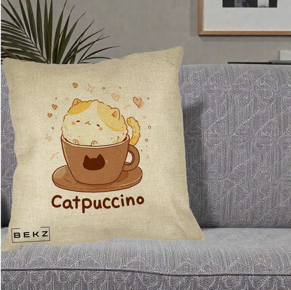Perna Decorativa Catpuccino Pisica Cappuccino, 40x40 cm, Crem, Husa Detasabila, Perna Inclusa, BEKZ®