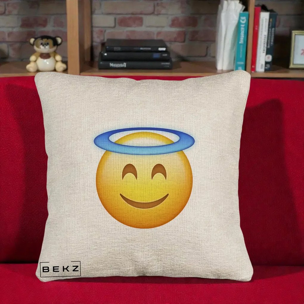 Perna Decorativa Emoji Inger cu Aureola, 40x40 cm, Bej Canapea, Husa Detasabila, Perna Inclusa, BEKZ®
