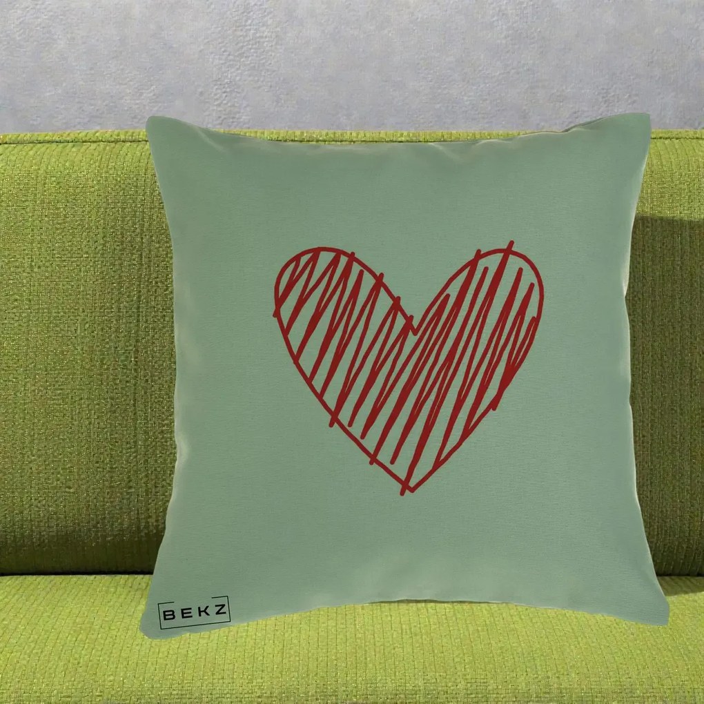 Perna Decorativa Inima Rosie Desen Manual, 40x40 cm, Verde, Husa Detasabila, Perna Inclusa, BEKZ®