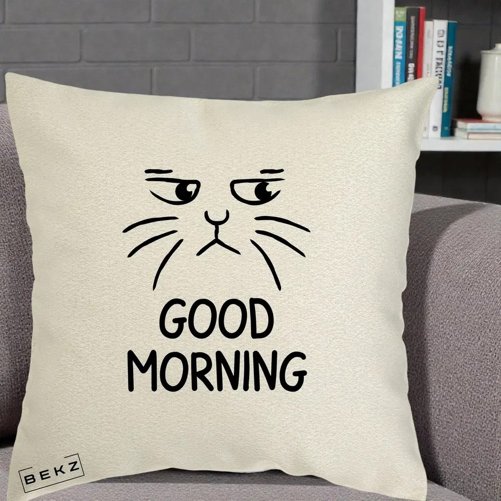 Perna Decorativa Pisica Morocanoasa Good Morning, 40x40 cm, Ecru, Husa Detasabila, Perna Inclusa, BEKZ®