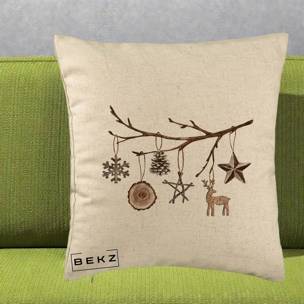 Perna Decorativa Ornamente de Lemn pe Ramura, 40x40 cm, Bej, Husa Detasabila, Perna Inclusa, BEKZ®